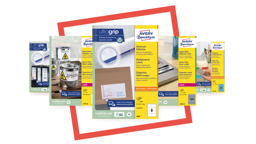 Nekoliko različitih pakiranja naljepnica Avery Zweckform poredanih u nizu, koja prikazuju različite vrste samoljepljivih naljepnica