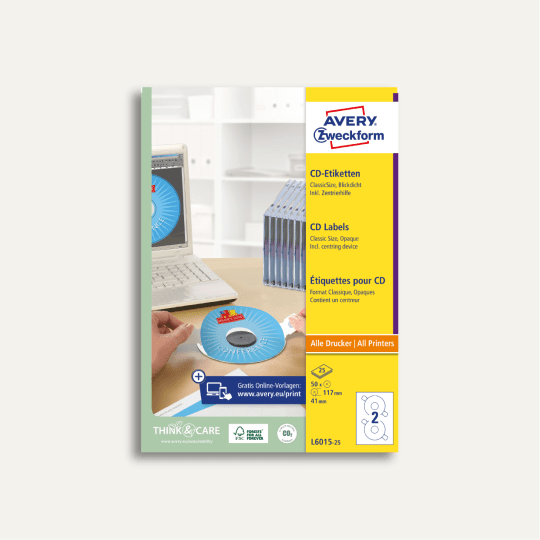 Pakiranje naljepnica za CD Avery Zweckform s prikazom označenog CD‑a pored računala