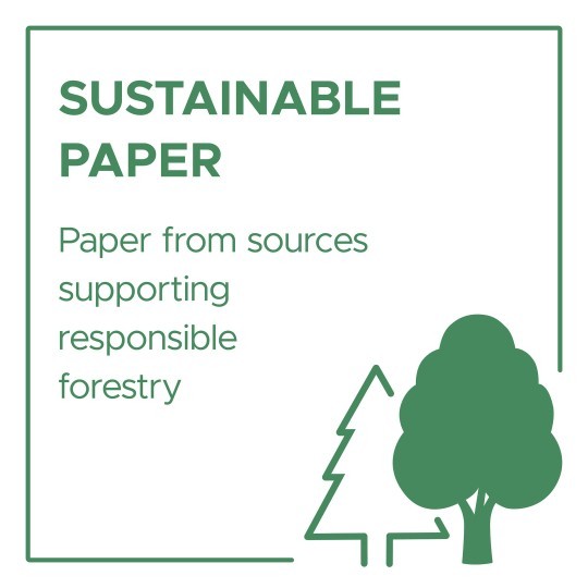 Zeleno‑bijona ikona s natpisom ‘Sustainable Paper’. Tekst navodi da papir potječe iz izvora koji podupiru odgovorno gospodarenje šumama. U donjem desnom kutu siluete dvaju stabala