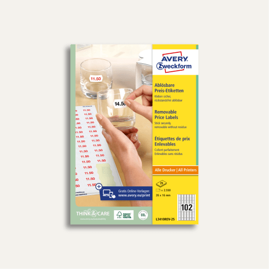 Pakiranje odvojivih cjenovnih naljepnica Avery Zweckform koje se lijepe na čaše