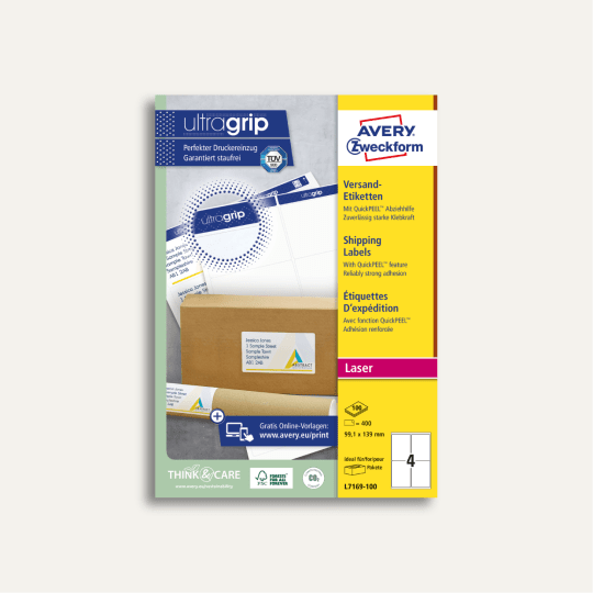 Pakiranje otpremnih naljepnica Avery Zweckform s primjerom naljepnice na kuverti.