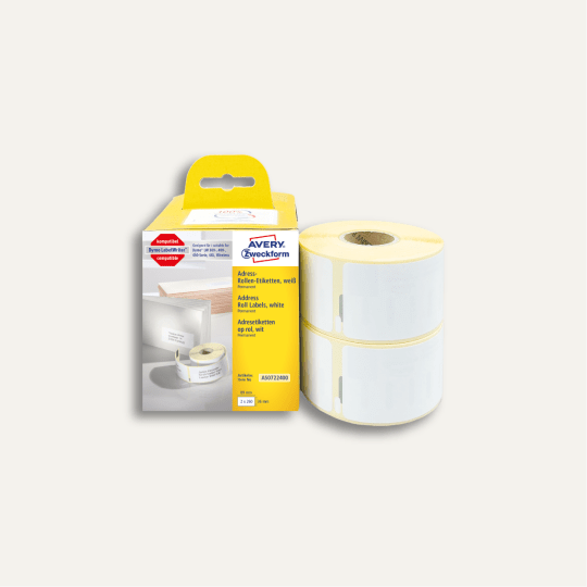 Kutija i dvije role bijelih adresa‑naljepnica Avery Zweckform