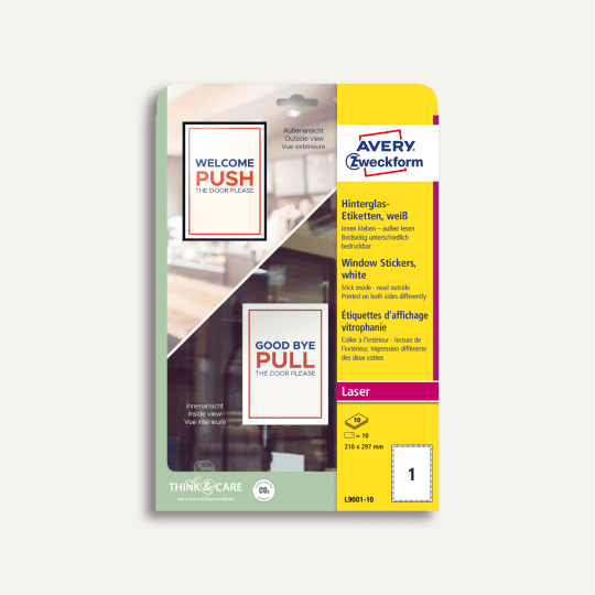 Pakiranje bijelih prozorskih naljepnica Avery Zweckform s natpisima ‚Welcome push’ i ‚Good bye pull’ na vratima.