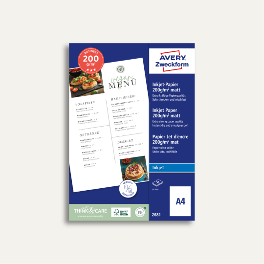 Pakiranje mat inkjet papira Avery Zweckform 200 g/m² u formatu A4 s primjerom ispisanog restoranskog jelovnika