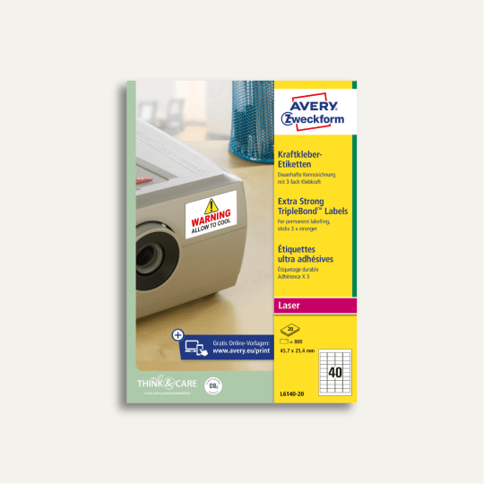 Pakiranje posebno jakih naljepnica Avery Zweckform s primjerom upozoravajuće naljepnice na uređaju