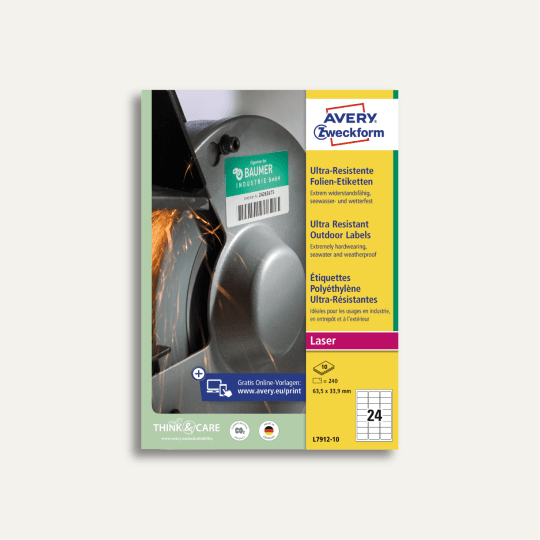 Pakiranje vrlo otpornih vanjskih folijskih naljepnica Avery Zweckform zalijepljenih na industrijskom stroju