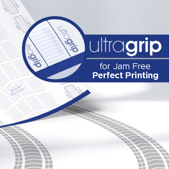 Reklamna grafika Avery Zweckform UltraGrip: bijeli list papira s plavim UltraGrip područjem na rubu, u uvećanju prikazano teksturirano gripozno područje. Desno se nalazi natpis ‘ultragrip – for Jam Free Perfect Printing