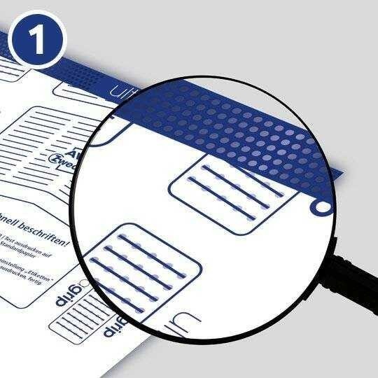 Grafika s uputom UltraGrip, korak 1: prikaz lista naljepnica s plavom UltraGrip trakom na gornjem rubu, povećalom je prikazan red ispupčenih točkica.