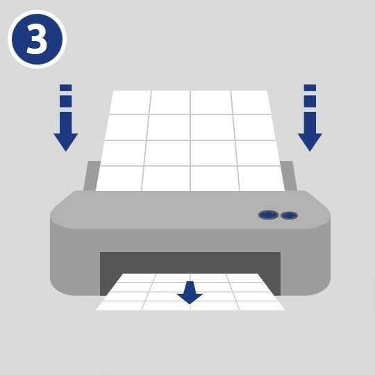 Grafika s uputom UltraGrip, korak 3: shematski prikaz pisača u koji se odozgo umeće hrpa listova naljepnica, a sprijeda izlazi otisnuti list. Strelice prikazuju ravan, nesmetan prolaz papira