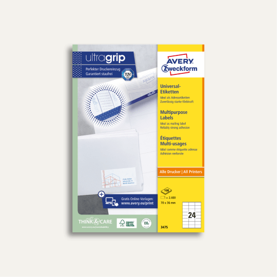Pakiranje univerzalnih naljepnica Avery Zweckform s primjerom bijele naljepnice na kuverti.”