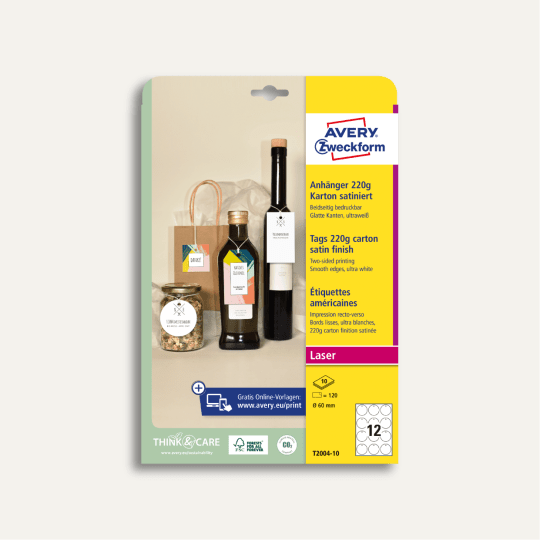 Pakiranje kartonskih visećih oznaka Avery Zweckform korištenih za označavanje boca i staklenke s hranom