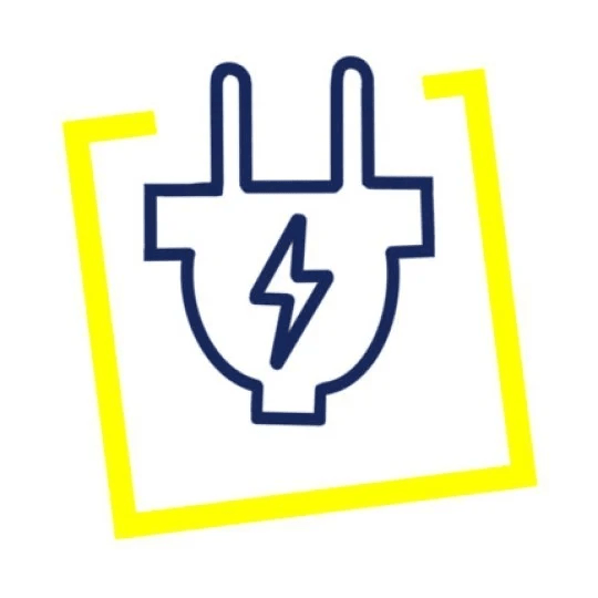 Ikona wtyczki elektrycznej z symbolem błyskawicy w żółtej ramce.