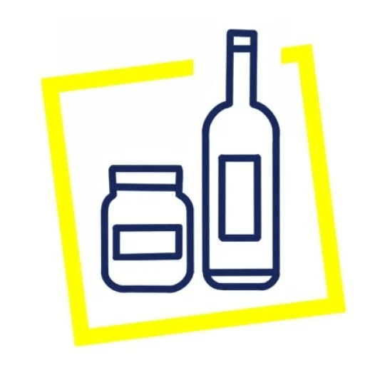 Ikona słoika i butelki w żółtej ramce, symbol produktów spożywczych.