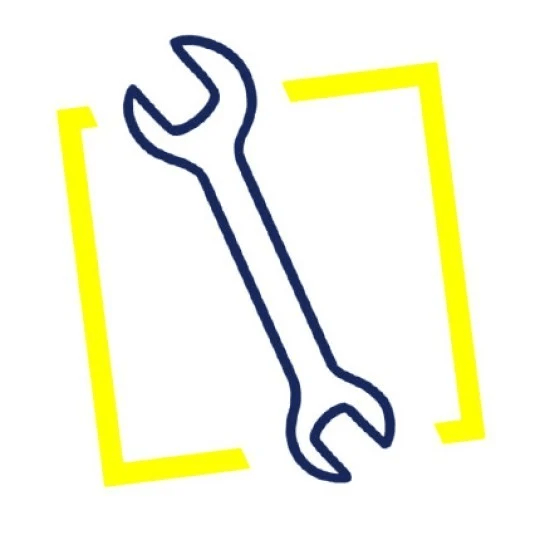 Ikona klucza w żółtej ramce, symbol narzędzi i pracy techniczne