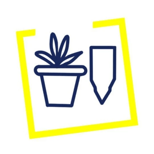 Ikona rośliny w doniczce i etykiety ogrodowej w żółtej ramce.