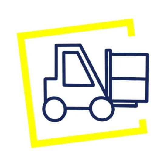 Ikona wózka widłowego z ładunkiem w żółtej ramce