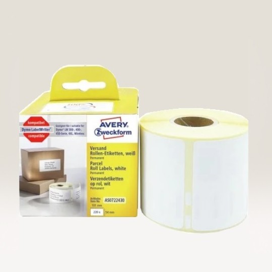 Pakiranje i rola bijelih Avery Zweckform naljepnica za otpremu za pisače naljepnica, prikazano na svijetloj pozadini.