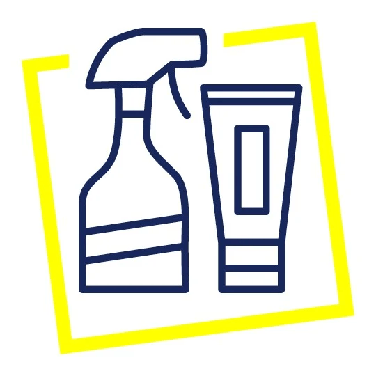 Ikona butelki z atomizerem i tubki kosmetycznej w żółtej ramce.