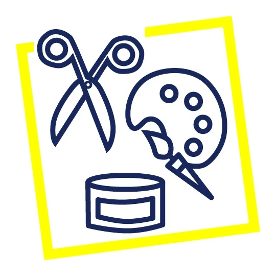 Ikona nożyczek, palety malarskiej i taśmy w żółtej ramce.