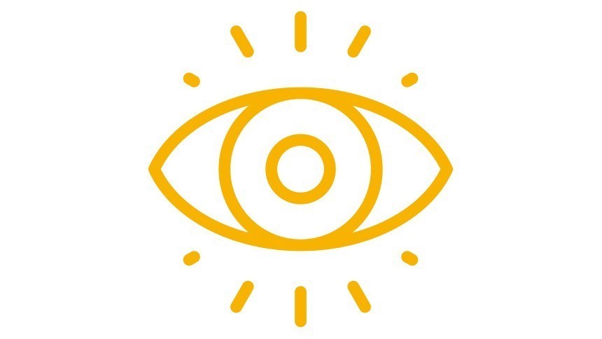 Žuta, stilizirana ikona oka sa zrakama, koja simbolizira vid ili viziju.