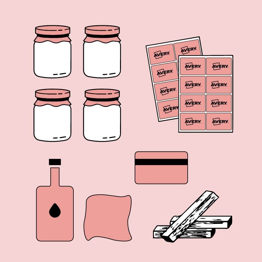 Set staklenki i listova Avery etiketa te primjeri materijala.