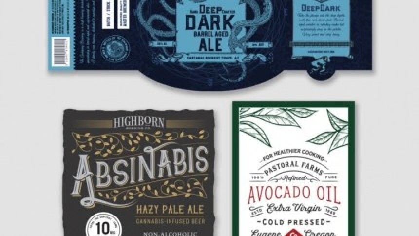 Tri primjera etiketa za proizvode: ukrasna etiketa za pivo Deep Dark, etiketa u vintage stilu za pivo Absinabis i jednostavna etiketa za ulje avokada.