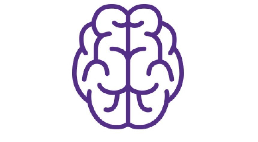 Ljubičasta, pojednostavljena ikona ljudskog mozga, gledanog odozgo, koja simbolizira razmišljanje ili znanje.