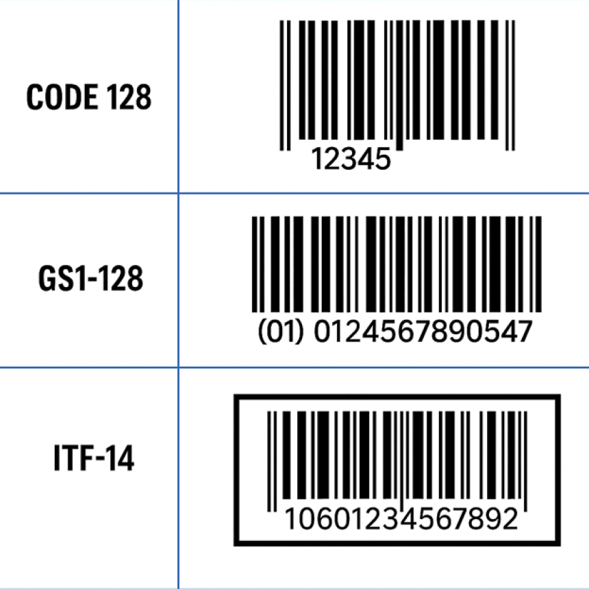Usporedba tri vrste crtičnih kodova: CODE 128, GS1-128 i ITF-14, zajedno s njihovim grafičkim prikazom i primjernim brojevima.