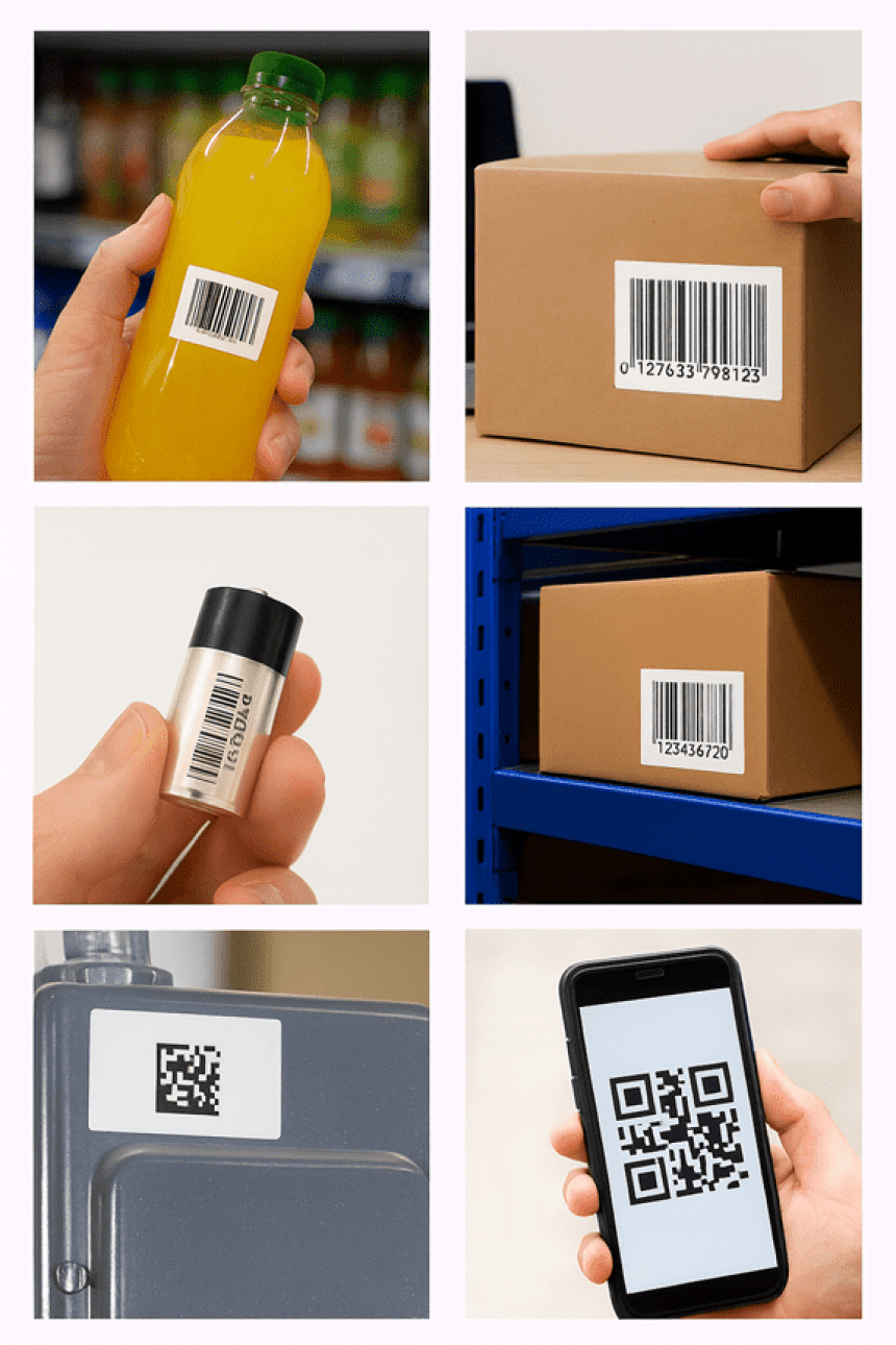 Kolaž od šest fotografija koji prikazuje različite primjene crtičnih i QR kodova: na boci soka, kartonskoj kutiji, bateriji, komunalnom brojilu i na zaslonu pametnog telefona.