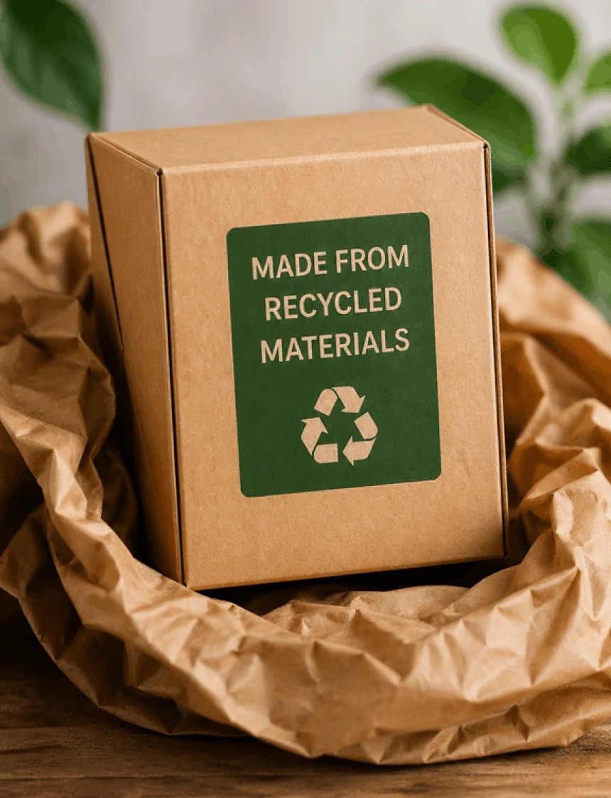 Kartonska kutija sa zelenom naljepnicom na kojoj piše "Izrađeno od recikliranih materijala" pored simbola za recikliranje, postavljena na zgužvani papir za pakiranje.