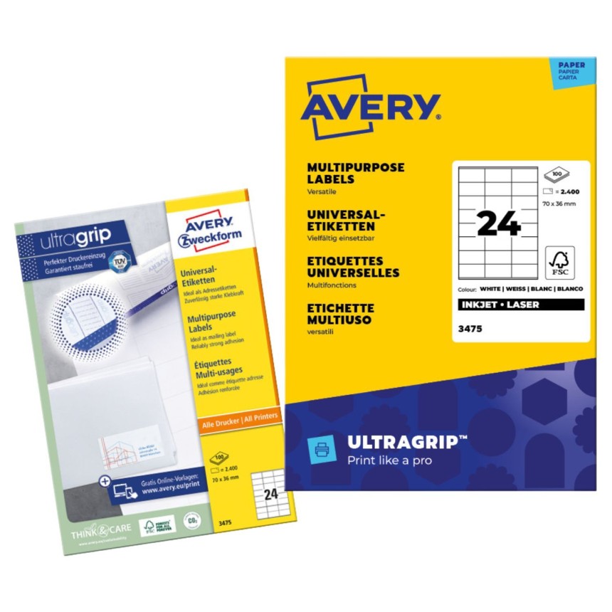 Paket bijelih višenamjenskih naljepnica Avery 3475. Žuto i plavo pakiranje pokazuje da sadrži 100 listova, ukupno 2400 naljepnica, svaka veličine 70 x 36 mm. Naljepnice su prikladne za inkjet i laserske pisače i imaju Ultragrip tehnologiju.