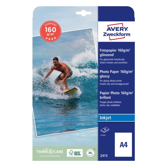 Pakiranje: Avery Zweckform Classic Inkjet fotopapir, artikal: 2415, format: 210 x 297 mm, pogodnost za pisač: inkjet, sadržaj: 50 listova.