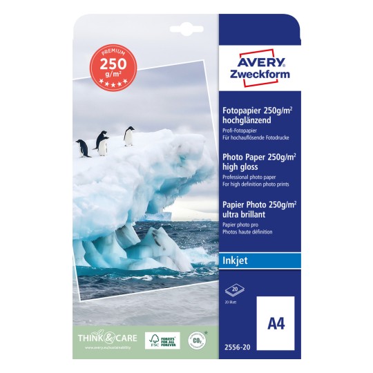 Pakiranje: Avery Zweckform Premium Inkjet foto-papir, artikal: 2556-20, format: 210 x 297 mm, prikladno za pisač: Inkjet, sadržaj: 20 listova.