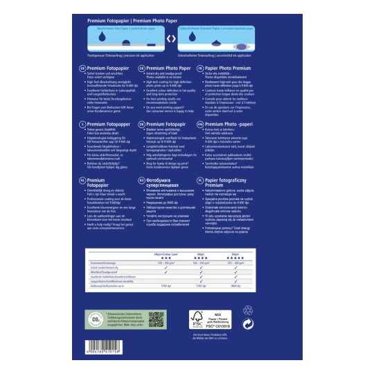 Slika je poleđina proizvoda za Premium foto papir, sadrži upute za upotrebu i specifikacije na više jezika, uključujući njemački, engleski, francuski i druge. Pruža informacije poput kvalitete ispisa, kompatibilnosti tinte i podrške za korisnike.