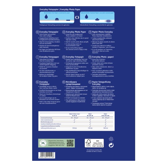 Slika prikazuje informacije o Everyday Photo Paperu, uključujući njegove značajke, preporuke za ispis i specifikacije na više jezika.