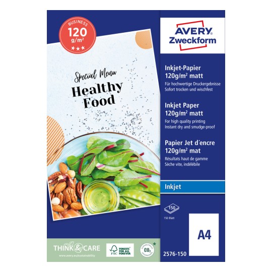 Slika pakiranja: Avery Zweckform, artikal: 2576-150, format: 210 x 297 mm, prikladno za ispisivanje: Inkjet, sadržaj: 150 listova.