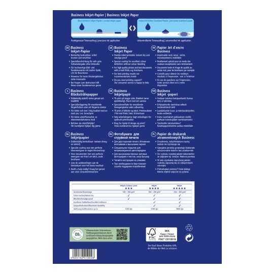 Slika prikazuje dizajn pakiranja za poslovni inkjet papir, detaljno opisuje njegove značajke, primjene i specifikacije na više jezika kao što su njemački, engleski, francuski, nizozemski, ruski i poljski. Uključuje značajke poput trenutnog sušenja, otpornosti na mrlje i preporuke za najbolje rezultate ispisa.