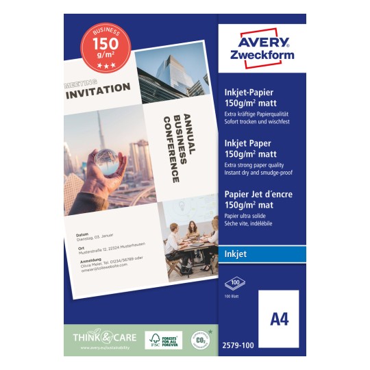 Slika pakiranja: Avery Zweckform, Artikl: 2579-100, Format: 210 x 297 mm, Pogodno za ispis: Inkjet, Sadržaj: 100 listova.