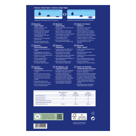 Slika je list s podacima o proizvodu za poslovni pisaći papir, koja sadrži specifikacije na raznim jezicima uključujući njemački, engleski, francuski, danski, finski, nizozemski, ruski i poljski. Uključuje informacije o kvaliteti ispisa, značajkama i opcijama korisničke podrške, zajedno s tablicom koja uspoređuje različite vrste inkjet papira.