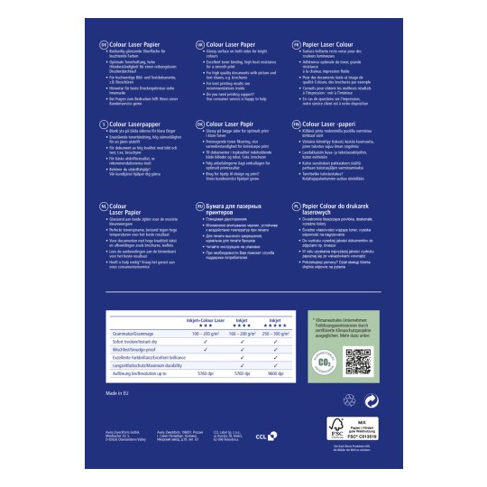 Ova slika sadrži informacije o laserskom papiru u boji, uključujući opise na više jezika o njegovim svojstvima, upotrebi i tehničkim specifikacijama. Naglašava karakteristike kao što su sjajna površina, idealna za ispis živih boja, te pruža smjernice o kompatibilnosti s inkjet pisačima, specifikacijama i korisničkoj podršci.