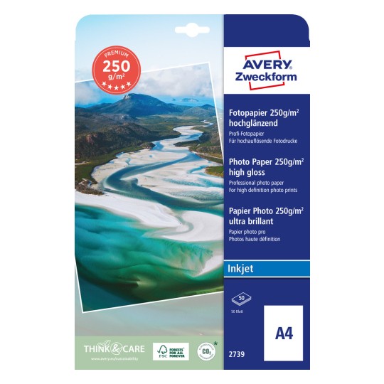 Slika na pakiranju: Avery Zweckform Premium Inkjet foto papir, artikal: 2739, format: 210 x 297 mm, prikladno za printer: Inkjet, sadržaj: 50 listova.