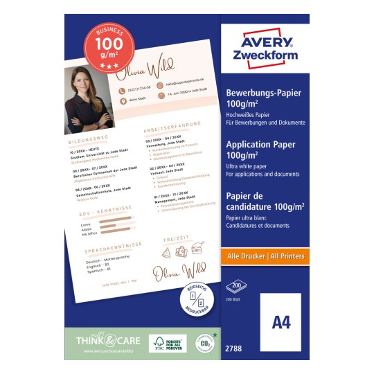 Slika pakiranja: Avery Zweckform, Artikl: 2788, Format: 210 x 297 mm, Prikladnost za ispis: Svi tipovi pisača, Sadržaj: 200 listova