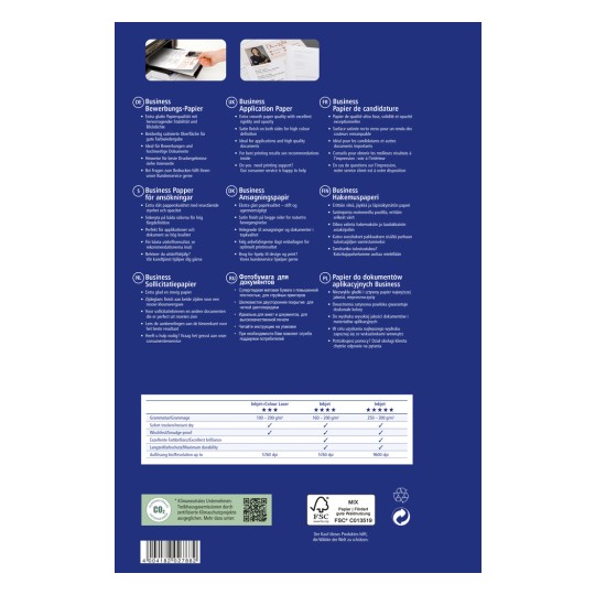 Slika prikazuje različite vrste poslovnog papira, navodeći kvalitete, upotrebe i specifikacije na više jezika.