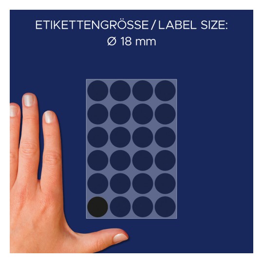 Usporedba veličine s rukom, članak: 3003, jedan list oznaka točaka, format: ⌀ 18 mm, boja: crna.