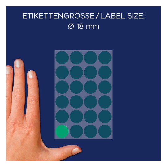 Usporedba veličine s rukom, Artikl: 3006, jedan list oznaka, Format: ⌀ 18 mm, Boja: Zelena.