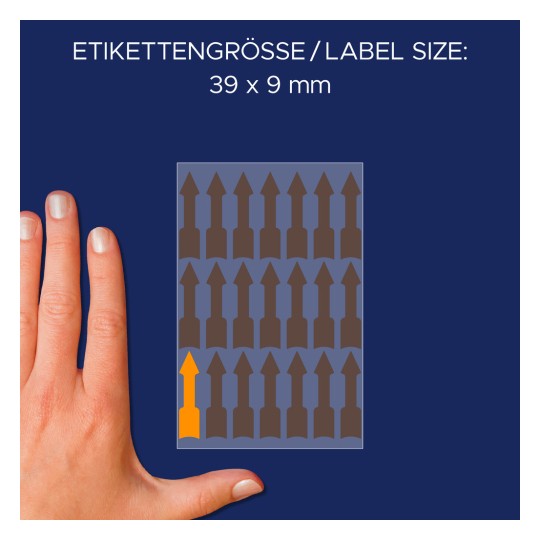 Veličina u usporedbi s rukom, Članak: 3008, jedan list etiketa u posebnim formatima, Format: 39 x 9 mm, Boja: svijetlo narančasta?