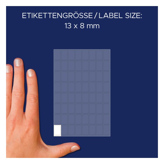 Usporedba veličine sa šakom, artikl: 3041, jedan list višenamjenskih naljepnica, format: 13 x 8 mm, boja: bijela.