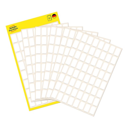 Slika pakiranja s listom etiketa: Avery Zweckform etikete za višekratnu upotrebu, artikl: 3041, format: 13 x 8 mm, sadržaj: 384 etikete / 6 listova, 64 etikete/list?