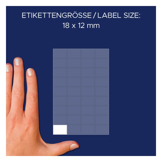 Usporedba veličine s rukom, Artikl: 3042, jedan list višenamjenskih etiketa, format: 18 x 12 mm, boja: bijela?