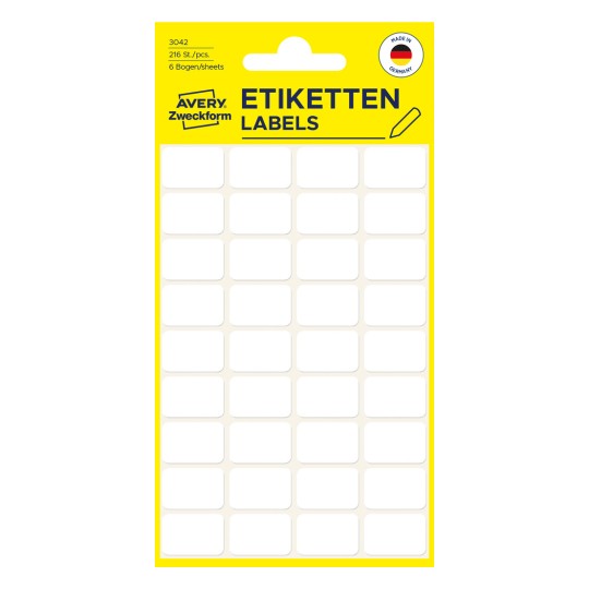 Slika pakiranja: Avery Zweckform Non A4 univerzalne etikete za ručno pisanje, artikal: 3042, format: 18 x 12 mm, sadržaj: 216 etiketa / 6 listova, 36 etiketa/list.